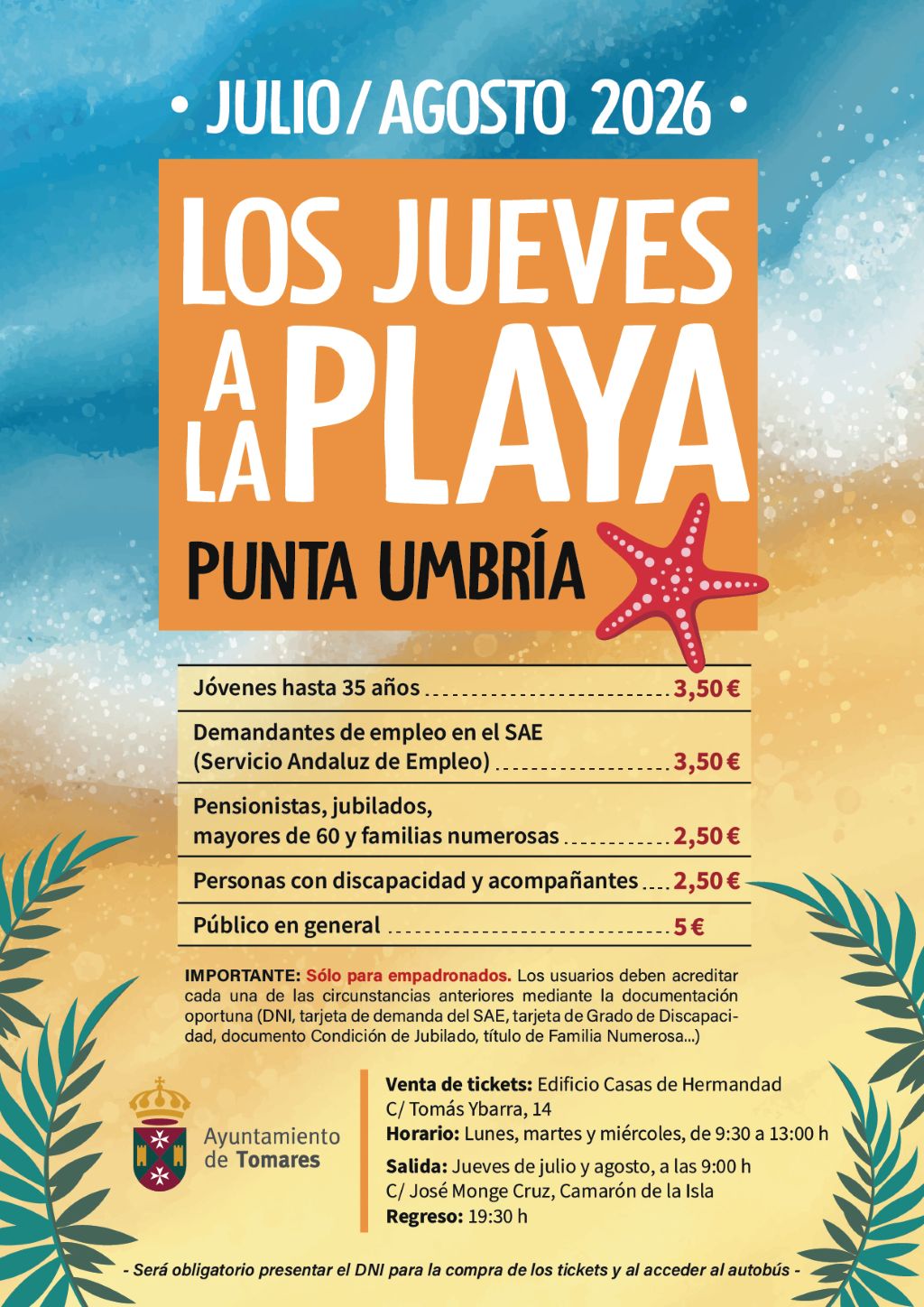 ‘Los jueves a la playa’ de Tomares ponen a 300 personas y 6 autobuses rumbo a Punta Umbría el primer día