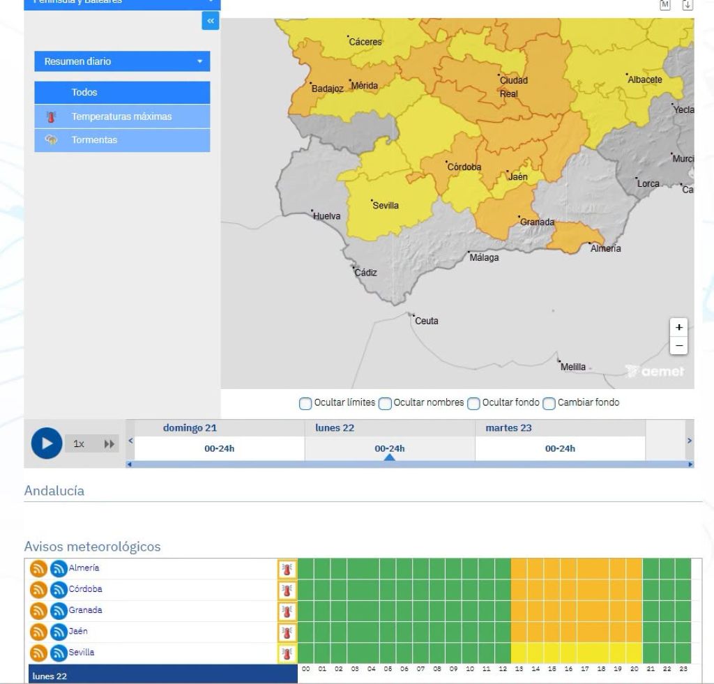 Persiste el aviso naranja por altas temperaturas en comarcas de varias provincias andaluzas y en Sevilla se mantiene el amarillo