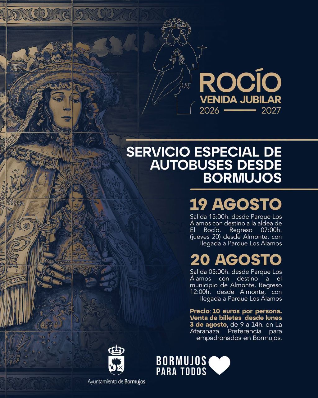 Bormujos habilita un servicio especial de autobuses para la Venida Jubilar de la Virgen del Rocío 2026