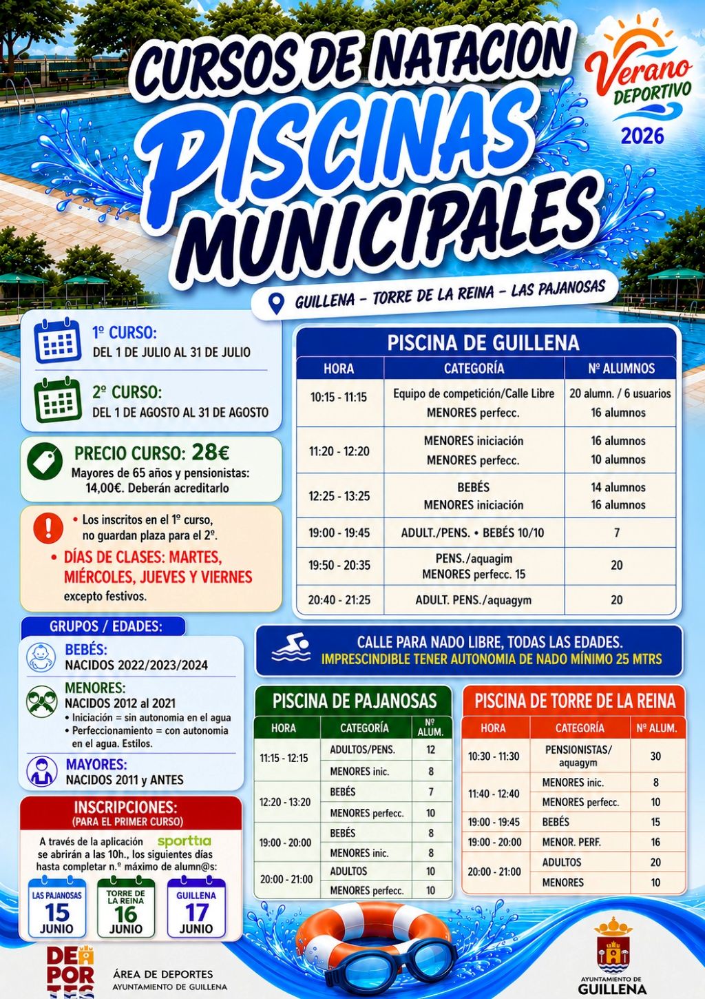  Guillena oferta 327 plazas en los cursos de natación de verano de sus tres piscinas municipales  