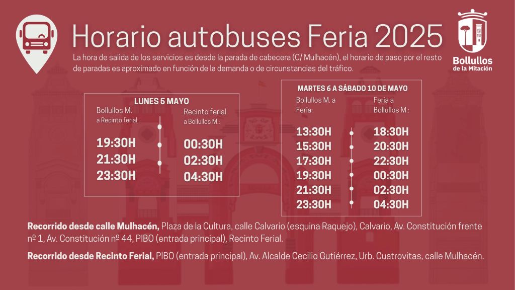 Horarios especiales de autobuses para la Feria de Abril 2025 en Bollullos de la Mitación